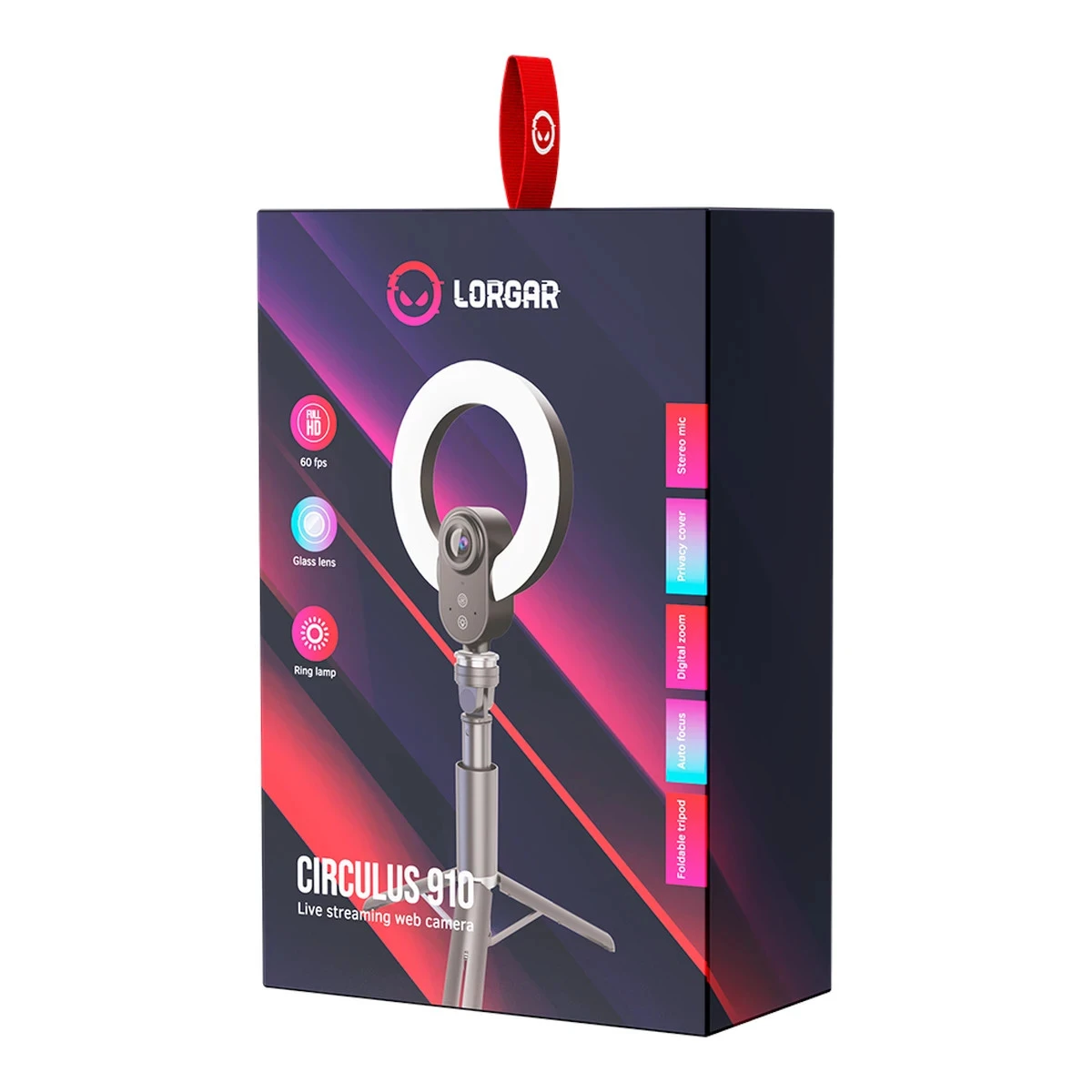 LORGAR Circulus 910, Streaming web camera, 5MP 2592X1944 max resolution, up to 60fps, 1/2.8", Sony STARVIS CMOS image sensor, full glass lens, 5.5'' built-in ring light (1700-14 000K), foldable tripod, auto focus, dual microphones with AI noise reduction, USB Type C, size: 470*133*115mm, 0.525kg, black+white