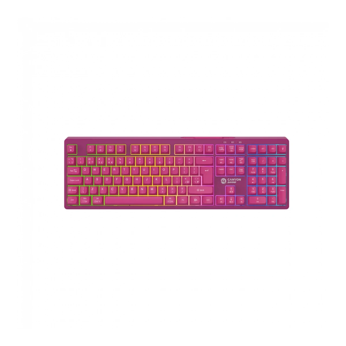 Canyon 105keys gaming keyboard,with 2.4G+ Bluetooth mode, battery 2000mAh, RGB backlight 3 types and 7 colors, size:407*119*19mm, PVC cable 1.8M , Black,weight:556+/-10g