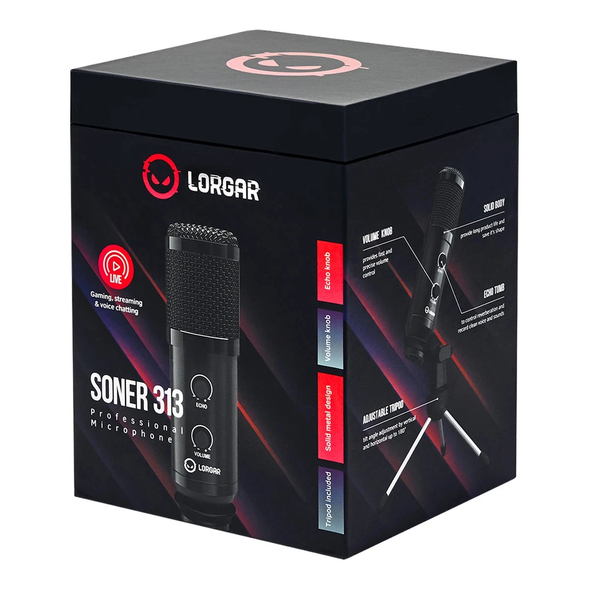 LORGAR Soner 313, Gaming Microphones, Black, USB condenser microphone with Volume Knob & Echo Kob, including 1x Microphone, 1 x 2.5M USB Cable, 1 x Tripod Stand, 1 x User Manual, body size: Φ47.4*158.2*48.1mm, weight: 243.0g