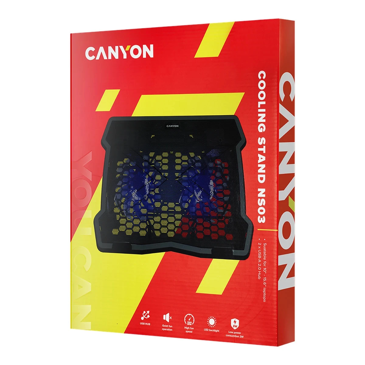 CANYON NS03, Cooling stand dual-fan with 2x2.0 USB hub, support up to 10”-15.6” laptop, ABS plastic and iron, Fans dimension:125*125*15mm(2pcs), DC 5V, fan speed: 800-1000RPM, size:340*265*30mm, 435g