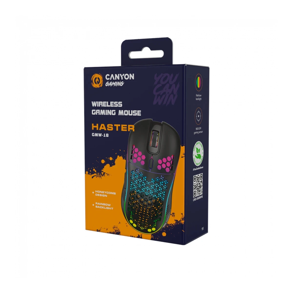 Canyon 7keys Gaming 2.4G wireless mouse, KA8 sensor, DPI up to 1600, rubber coating on panel, Huano 1million switch, 45cm PVC cable, ABS material. 400mAh battery, size: 125.8*63.7*41mm, weight: 95g, Black