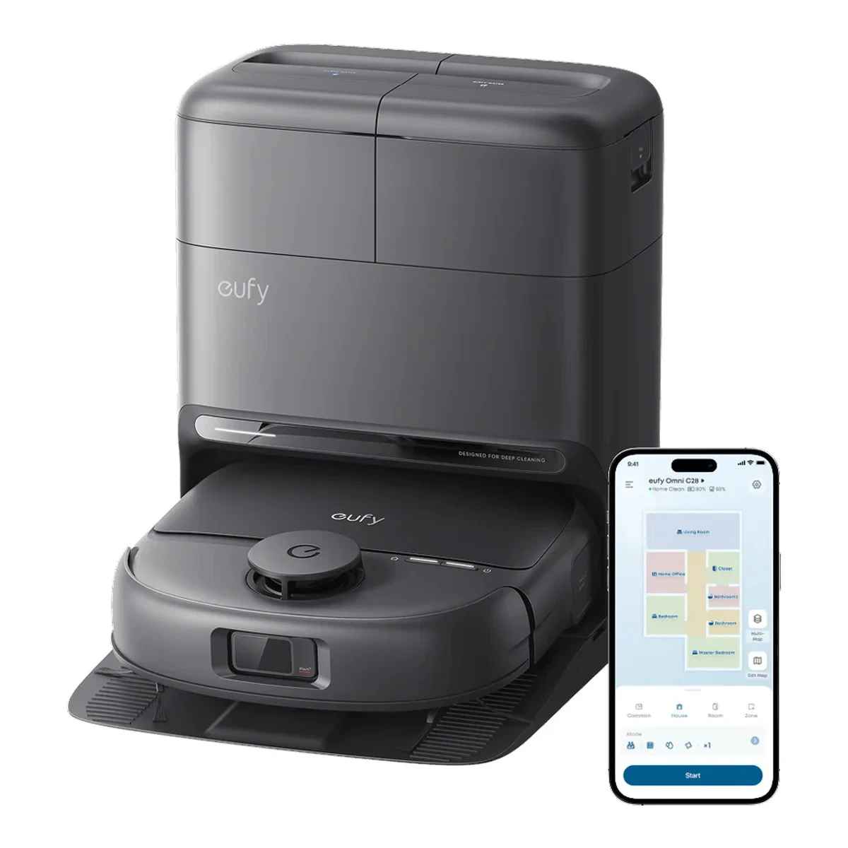 Anker, eufy Robot Vacuum Omni C28 Black, 15.000 Pa Cleaning Power, HydroJet Self-Cleaning 27cm Roller Mop, Automatic Mop Lifting, 0% Hair Tangling, 50C Mop Drying