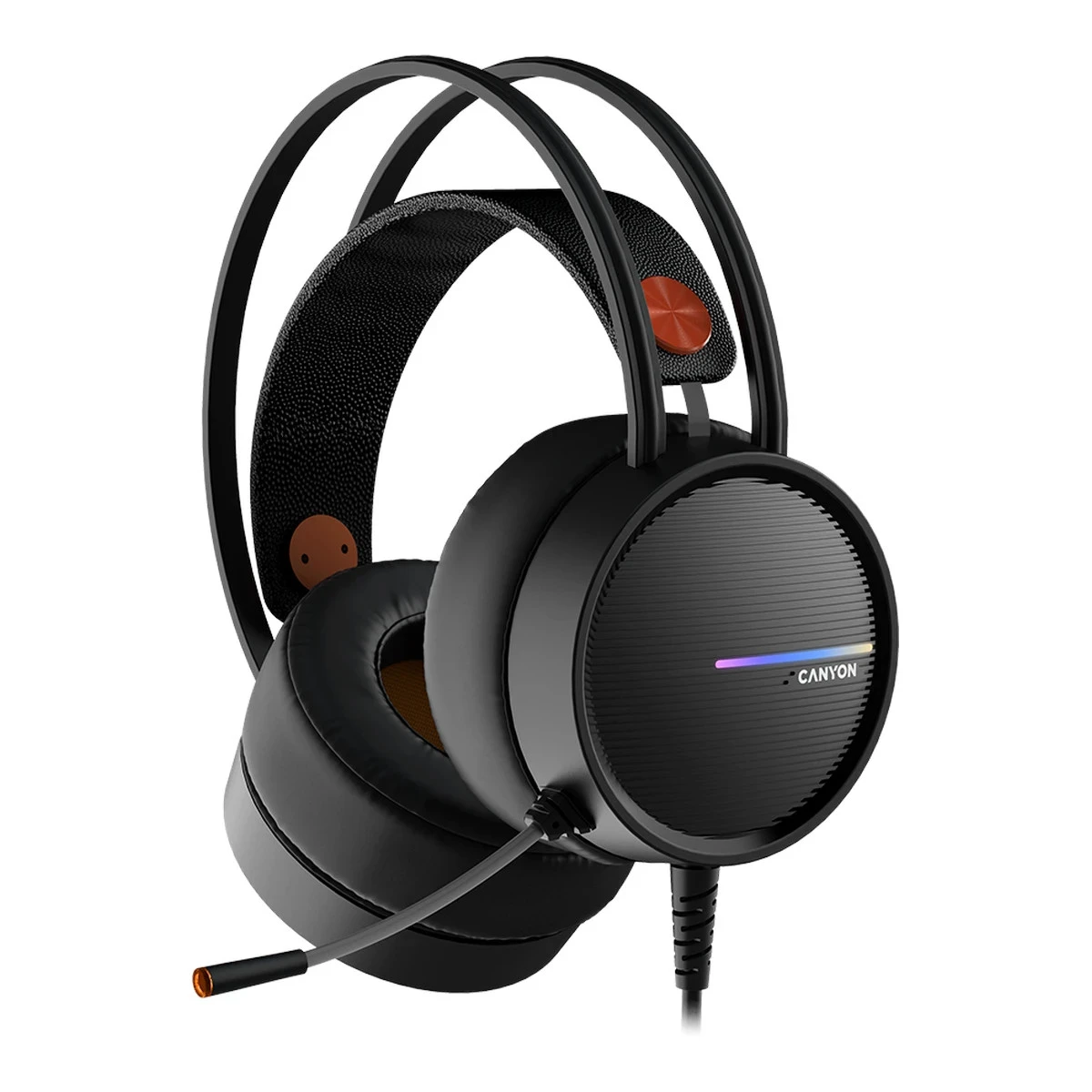 CANYON INTERCEPTOR GH-8A, Gaming headset 3.5mm jack plus USB connector for LED backlight, adjustable microphone and volume control, with 2in1 3.5mm adapter, cable 2M, Black and Orange, 0.36kg