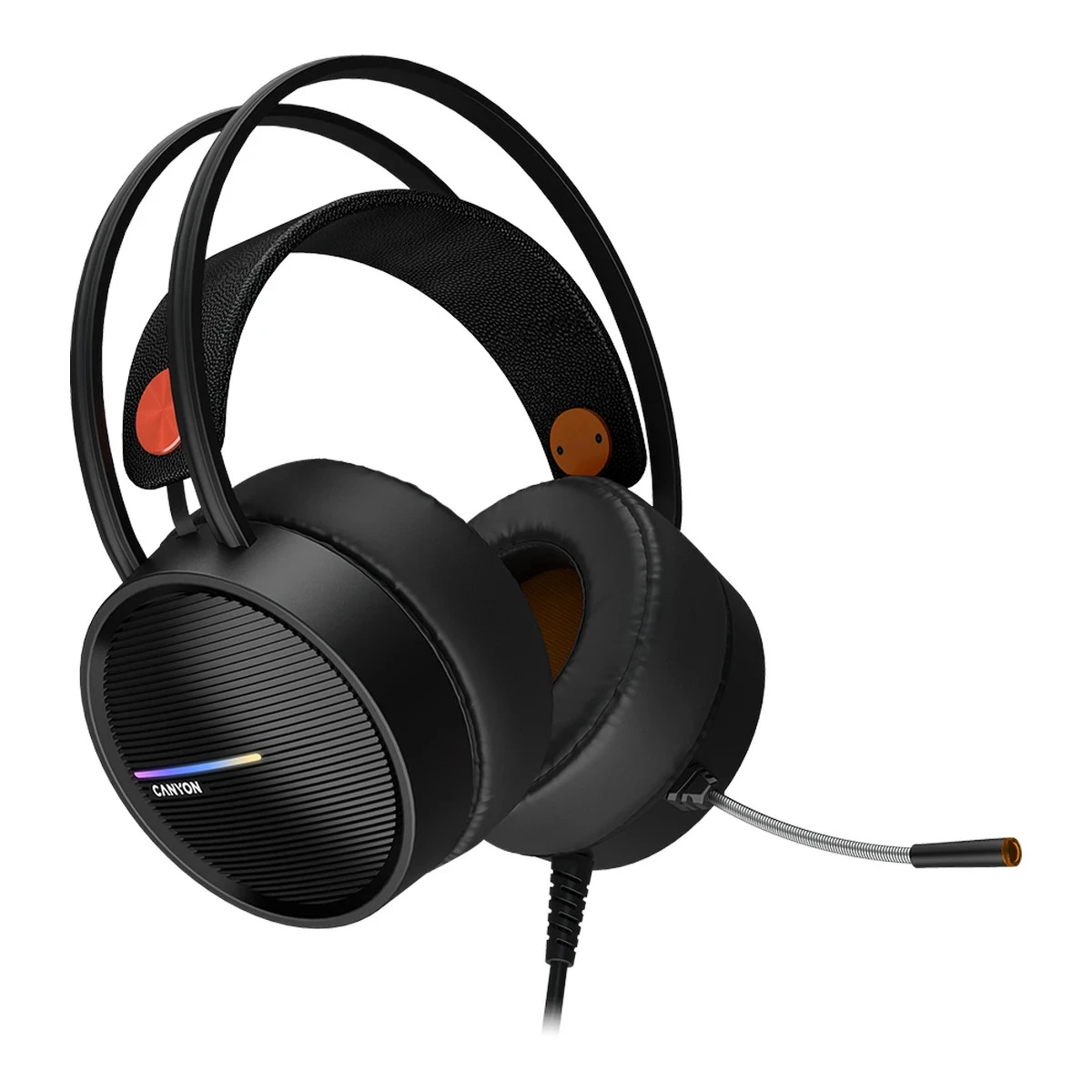 CANYON INTERCEPTOR GH-8A, Gaming headset 3.5mm jack plus USB connector for LED backlight, adjustable microphone and volume control, with 2in1 3.5mm adapter, cable 2M, Black and Orange, 0.36kg