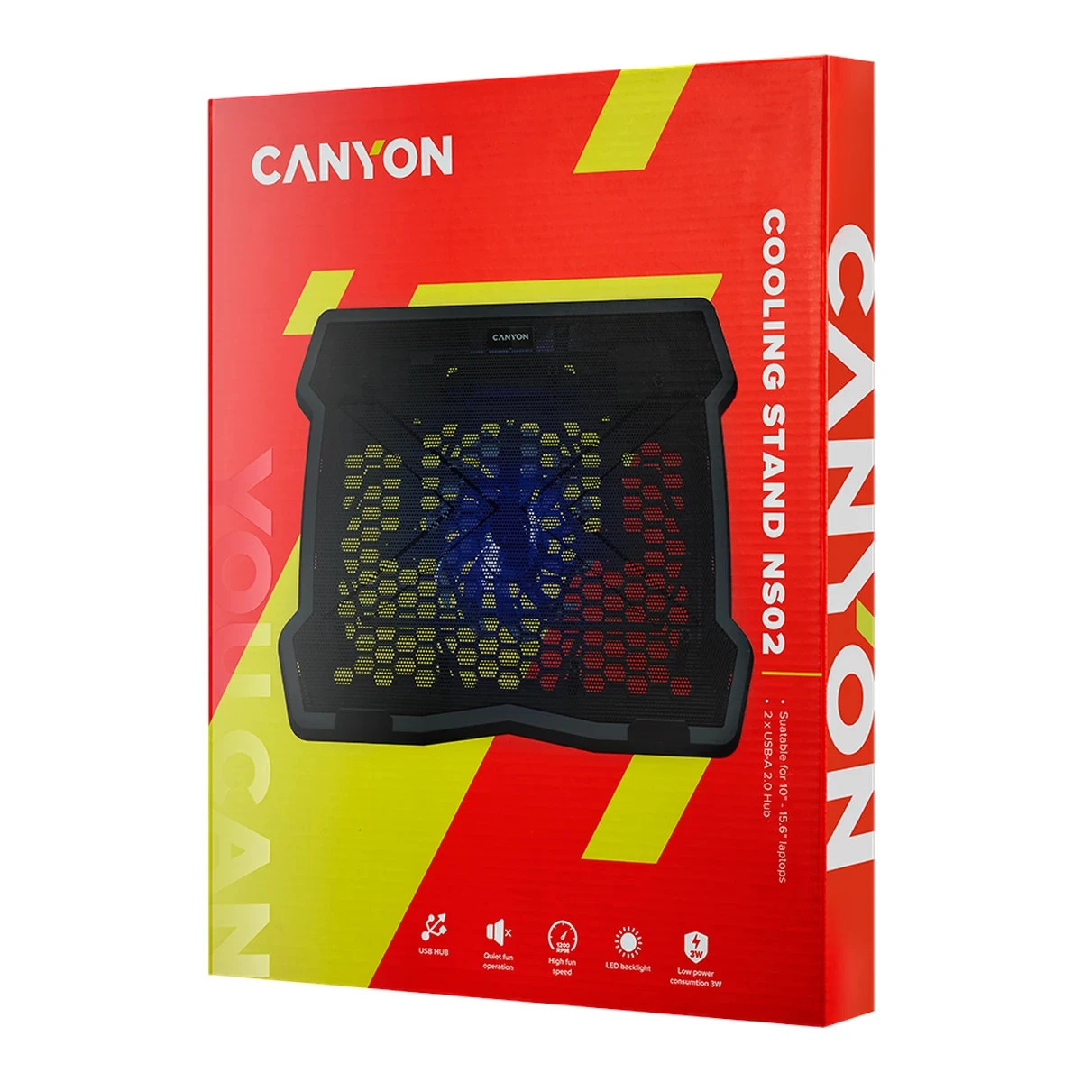 CANYON NS02, Cooling stand single fan with 2x2.0 USB hub, support up to 10”-15.6” laptop, ABS plastic and iron, Fans dimension:125*125*15mm(1pc), DC 5V, fan speed: 800-1000RPM, size:340*265*30mm, 406g