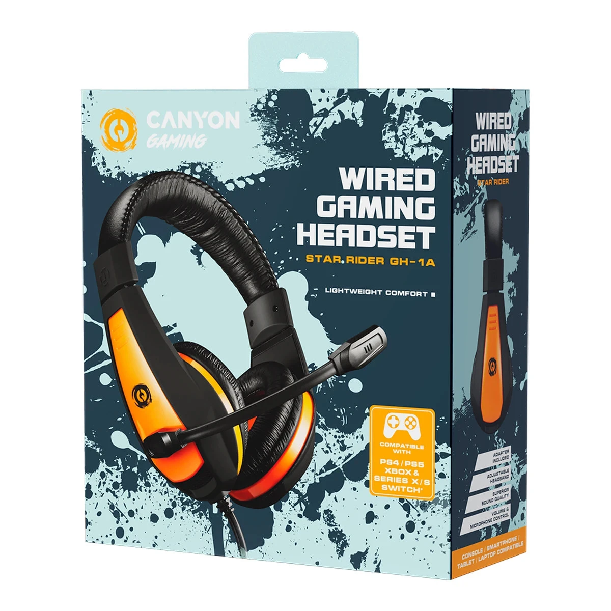CANYON Star Raider GH-1A, Gaming headset 3.5mm jack with adjustable microphone and volume control, with 2in1 3.5mm adapter, cable 2M, Black, 0.23kg