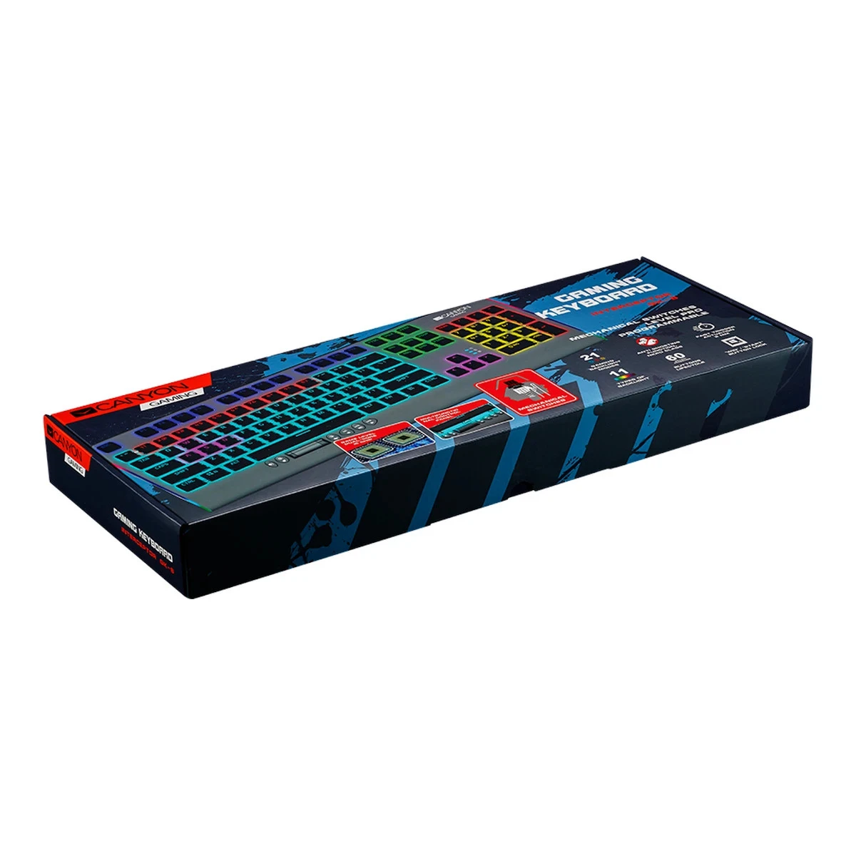 CANYON Interceptor GK-8, Wired multimedia gaming keyboard with lighting effect, 20pcs rainbow LED & 19pcs RGB light, Numbers 104keys, EN double injection layout, cable length 1.8M, 446*160*40mm, 0.98kg, color Dark grey