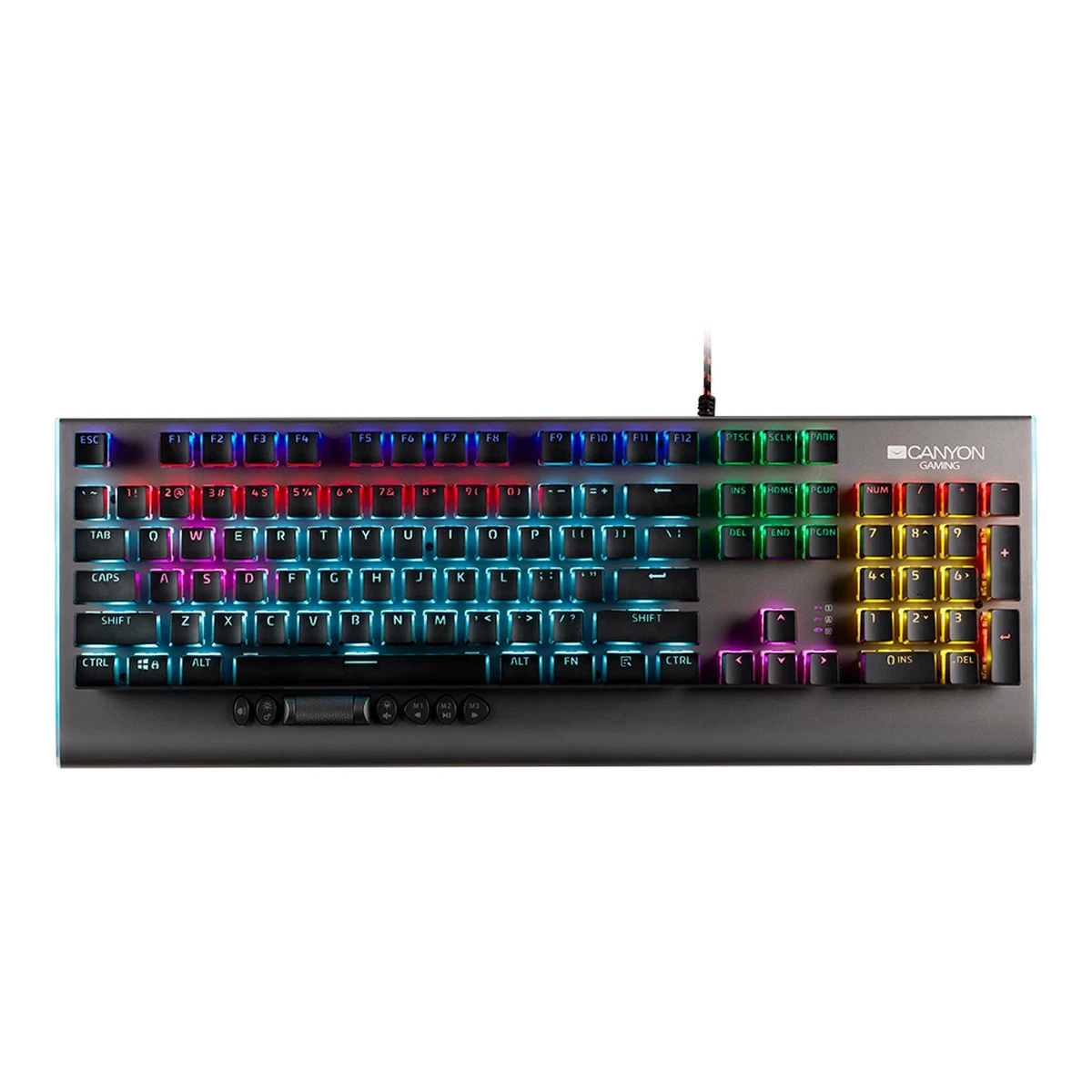 CANYON Interceptor GK-8, Wired multimedia gaming keyboard with lighting effect, 20pcs rainbow LED & 19pcs RGB light, Numbers 104keys, EN double injection layout, cable length 1.8M, 446*160*40mm, 0.98kg, color Dark grey