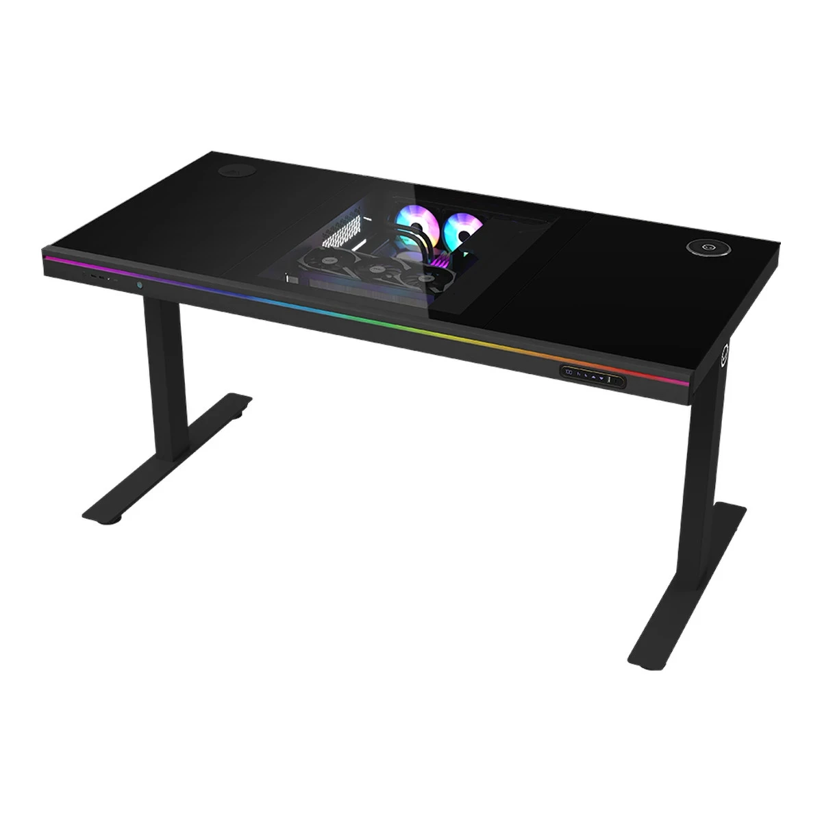 Dual-motor sit/stand adjustable-height gaming desk with built-in PC case, wireless charger, RGB lighting, control panel, and USB ports, tempered glass tabletop, black.