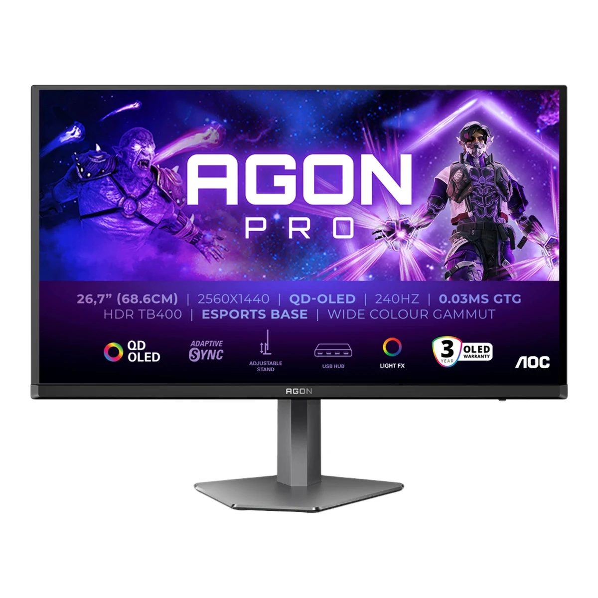 AOC Monitor LED AG276QZD2 AGON PRO 26.7" 2560x1440 QD-OLED Adaptive Sync 240Hz 0.03ms 250 cd/m2 3-sided frameless FULL ERGO 2xHDMI 2xDP USB Hub