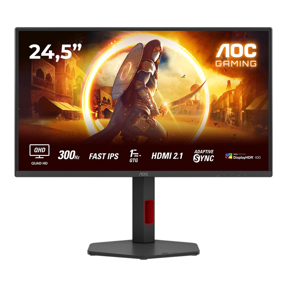 AOC MONITOR Q25G4SR, GAMING 25'', G, 300HZ, FAST IPS, 2560x1440, 0.3 MS, 80M:1, 300 CD/M, TILT, HEIGHT ADJUSTABLE, SWIVEL, PIVOT, 2X HDMI, DISPLAY PORT, 3YW, BLACK-RED