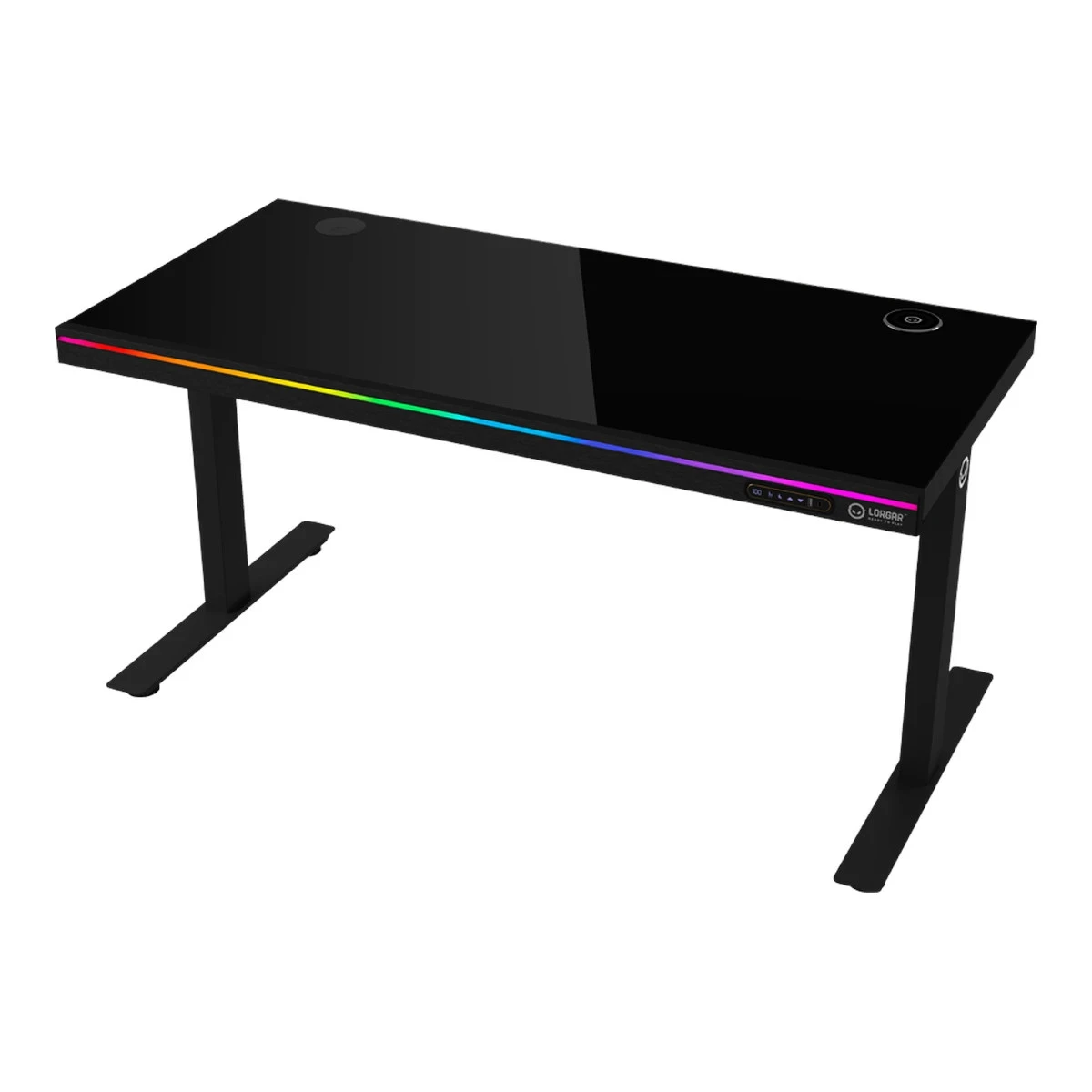 Dual-motor sit/stand adjustable-height gaming desk with wireless charger, RGB lighting, control panel, and USB ports, solid tempered glass tabletop, black.